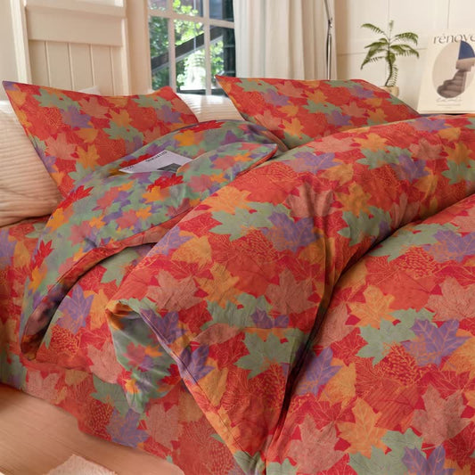 Ensemble de housse de couette en coton à motif de feuilles d'érable colorées Ownkoti - Rouge et vert - Ensemble de literie (4 pièces) - Roi - image 0