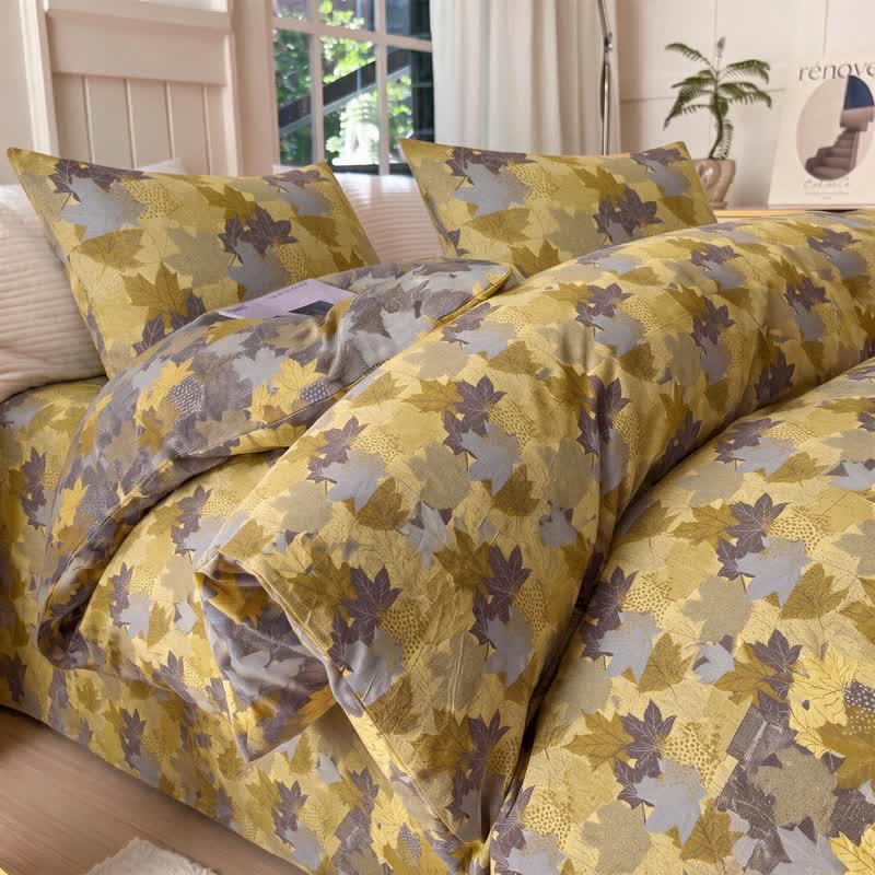 Ensemble de housse de couette en coton à motif de feuilles d'érable colorées Ownkoti - Jaune et gris - Ensemble de literie (4 pièces) - Roi - image 7