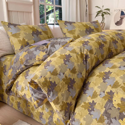 Ensemble de housse de couette en coton à motif de feuilles d'érable colorées Ownkoti - Jaune et gris - Ensemble de literie (4 pièces) - Roi - image 7