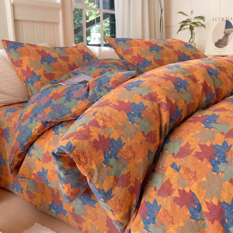 Ensemble de housse de couette en coton à motif de feuilles d'érable colorées Ownkoti - Orange et bleu - Ensemble de literie (4 pièces) - Roi - image 14