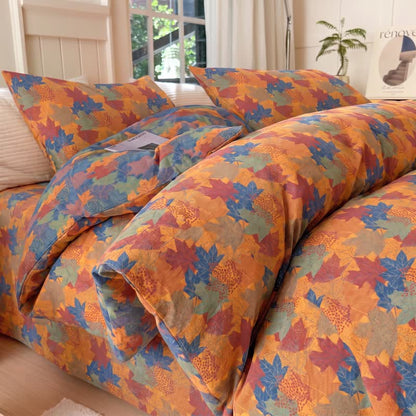 Ensemble de housse de couette en coton à motif de feuilles d'érable colorées Ownkoti - Orange et bleu - Ensemble de literie (4 pièces) - Roi - image 14