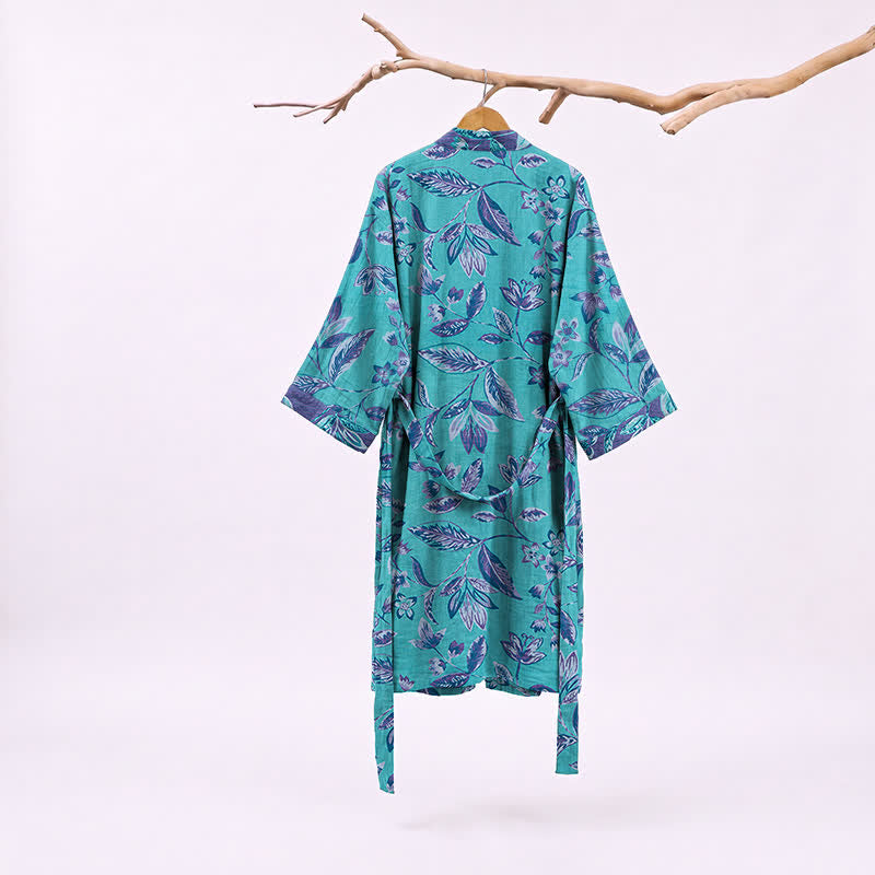 Kimono en coton à feuilles bleues et violettes Ownkoti - image 1
