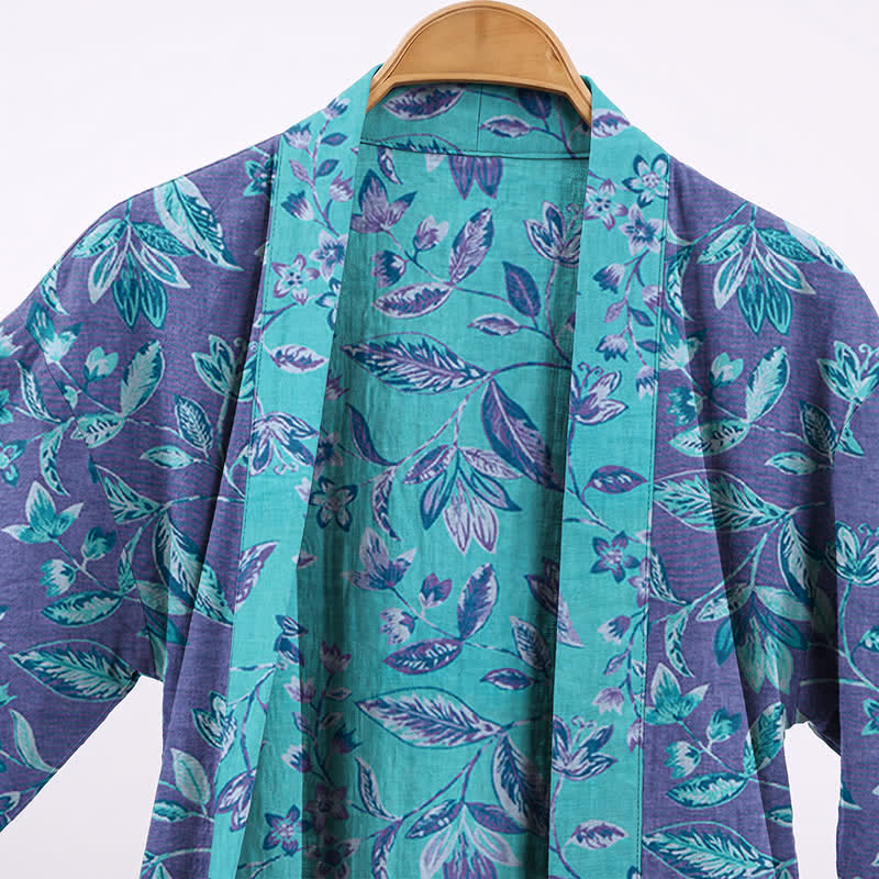 Kimono en coton à feuilles bleues et violettes Ownkoti - image 8