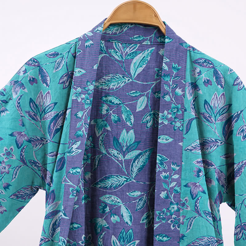 Kimono en coton à feuilles bleues et violettes Ownkoti - image 2