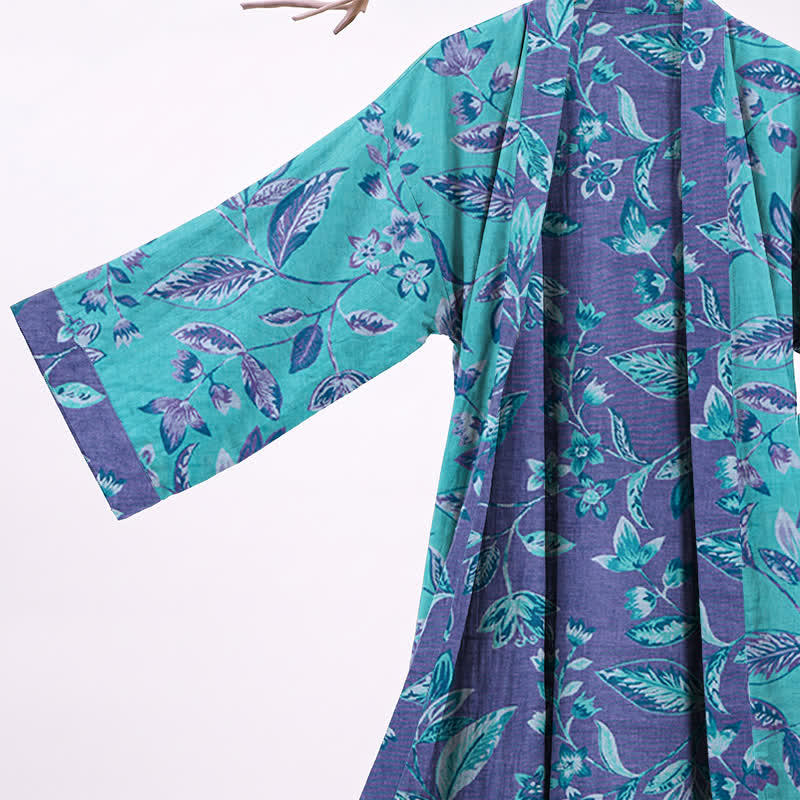 Kimono en coton à feuilles bleues et violettes Ownkoti - image 3