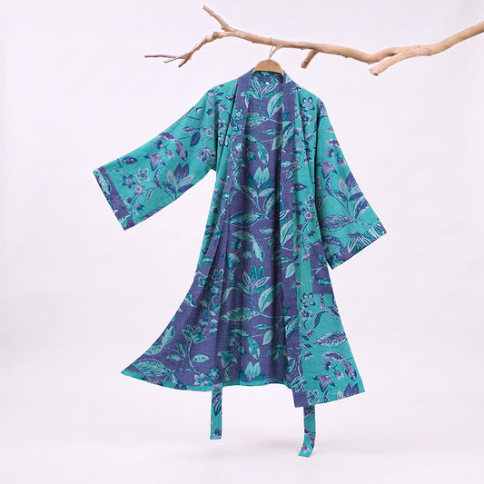 Kimono en coton à feuilles bleues et violettes Ownkoti - Bleu - XL - image 0