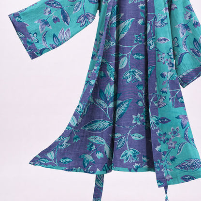 Kimono en coton à feuilles bleues et violettes Ownkoti - image 4