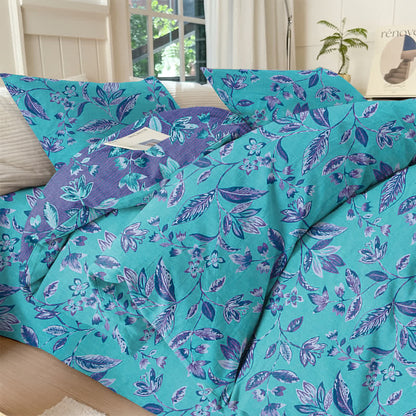 Parure de lit Ownkoti en coton à feuilles bleues et violettes - Bleu - Ensemble de literie (4 pièces) - Roi - image 0