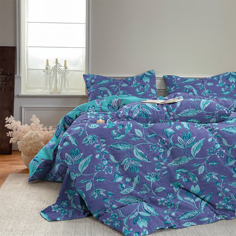 Parure de lit Ownkoti en coton à feuilles bleues et violettes - image 14