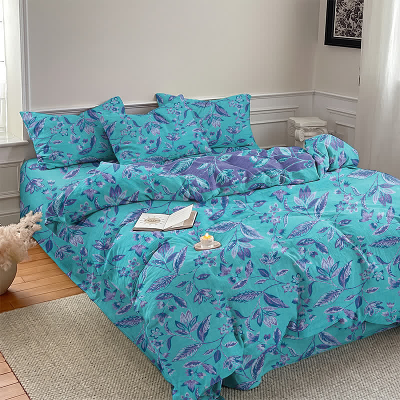 Parure de lit Ownkoti en coton à feuilles bleues et violettes - image 3