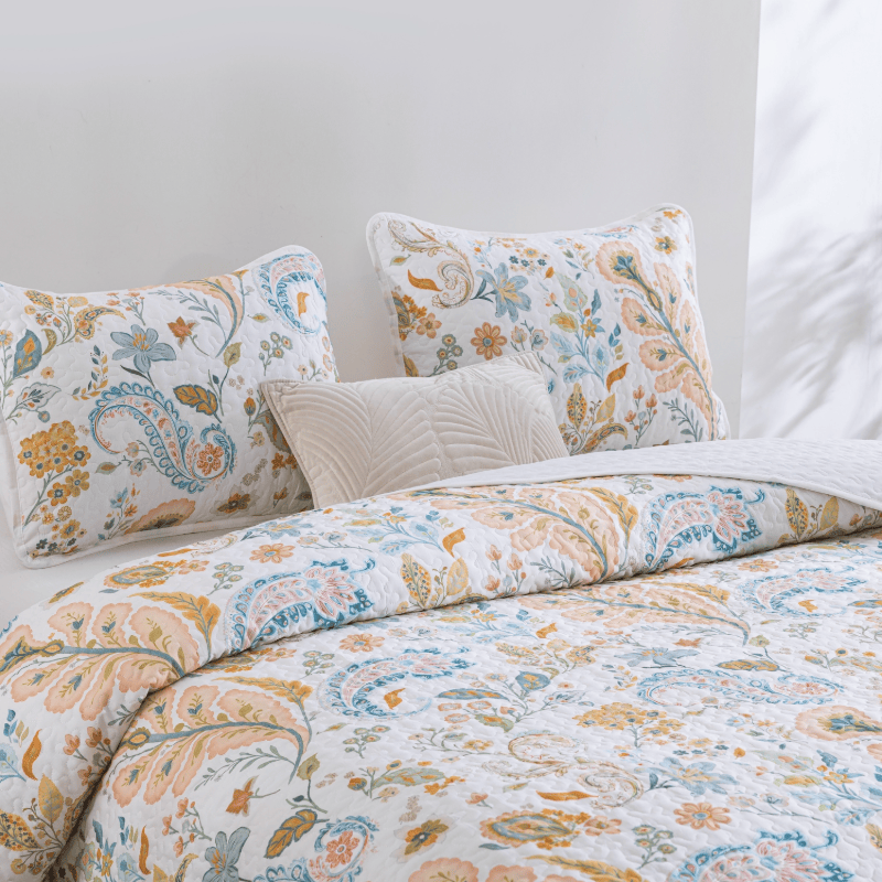 Ensemble de courtepointe en coton à fleurs multicolores de style champêtre Ownkoti - Blanc crémeux - Couette avec 2 taies d'oreiller - Roi - image 0