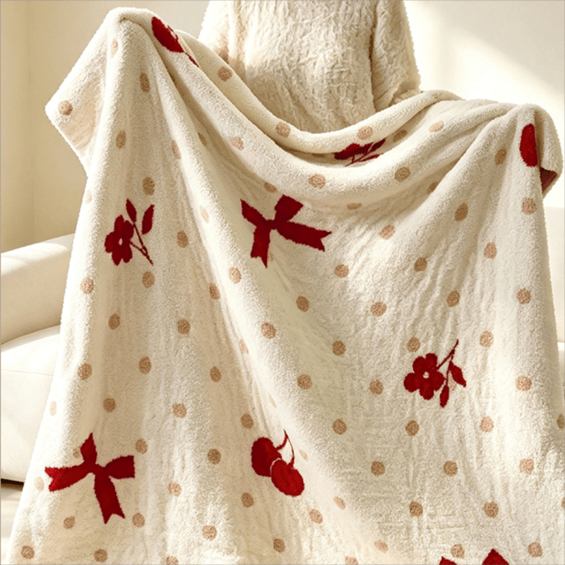Couverture jetée Ownkoti blanche à nœud et cerises en jacquard - image 3