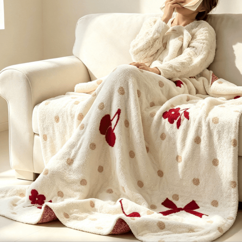 Couverture jetée Ownkoti blanche à nœud et cerises en jacquard - image 2