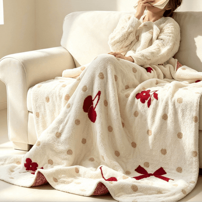 Couverture jetée Ownkoti blanche à nœud et cerises en jacquard - image 2