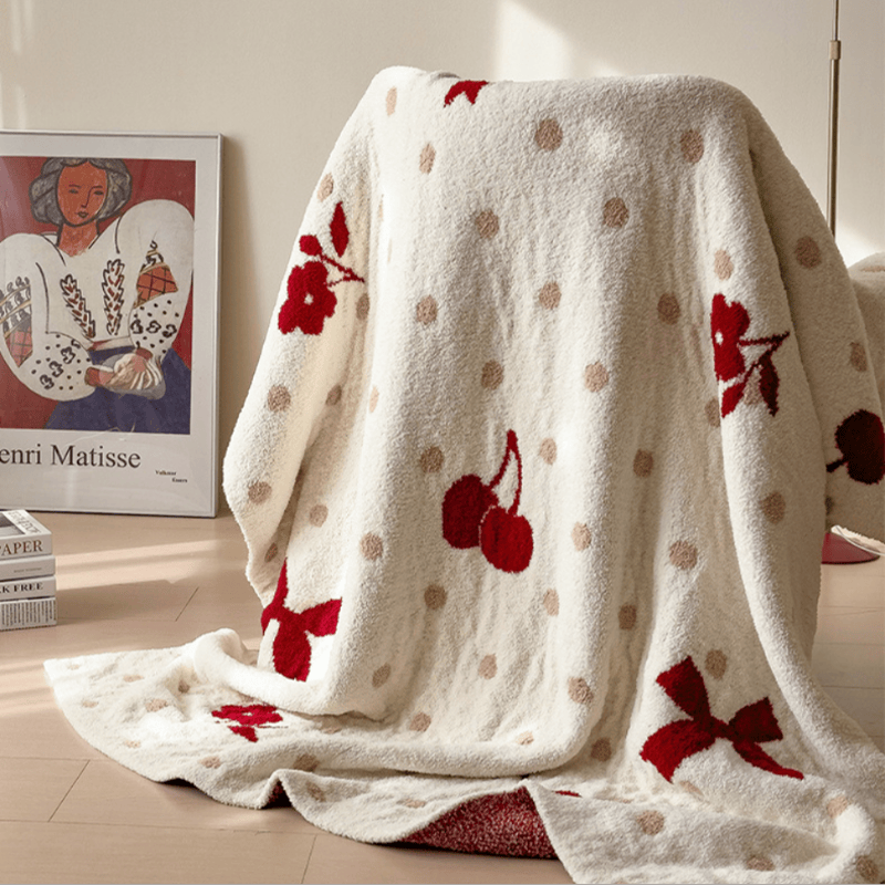 Couverture jetée Ownkoti blanche à nœud et cerises en jacquard - image 1