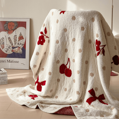 Couverture jetée Ownkoti blanche à nœud et cerises en jacquard - image 1