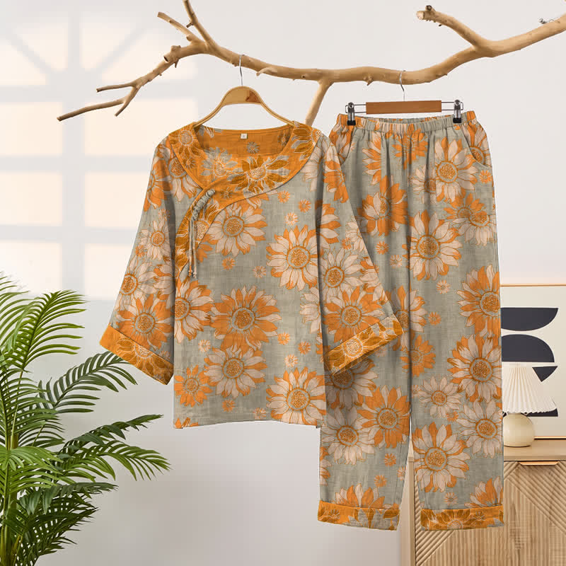 Ensemble pyjama en coton à motif tournesol oriental Ownkoti - Gris clair - XXL - image 6