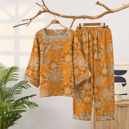 Ensemble pyjama en coton à motif tournesol oriental Ownkoti - Orange - XXL - image 0