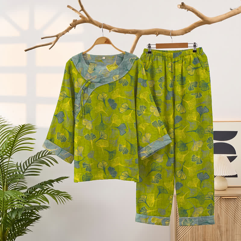 Ensemble pyjama en coton à motif de feuilles de ginkgo orientales Ownkoti - Vert - XXL - image 0