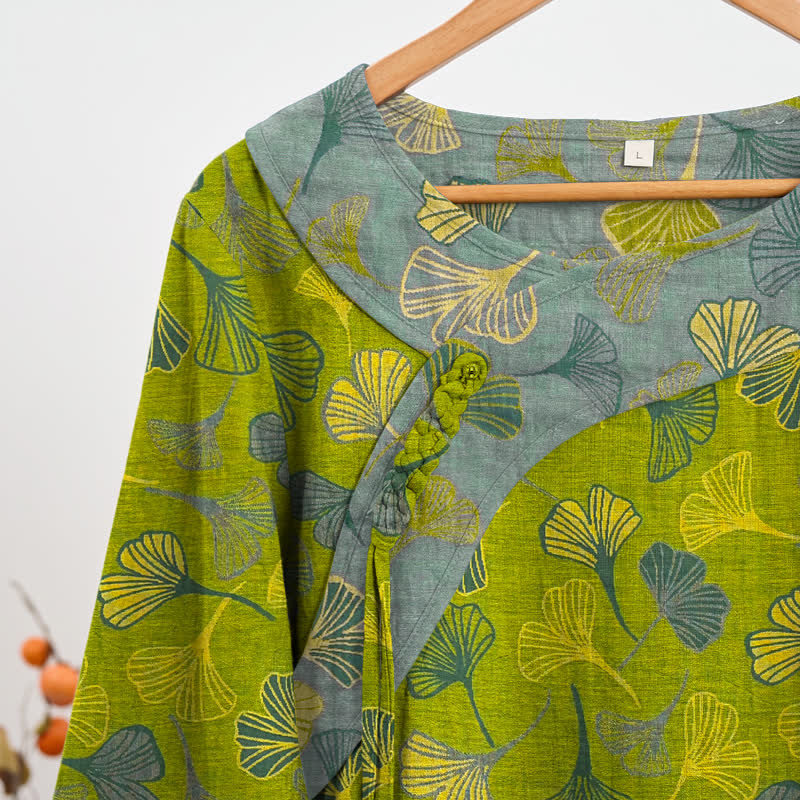 Ensemble pyjama en coton à motif de feuilles de ginkgo orientales Ownkoti - image 2