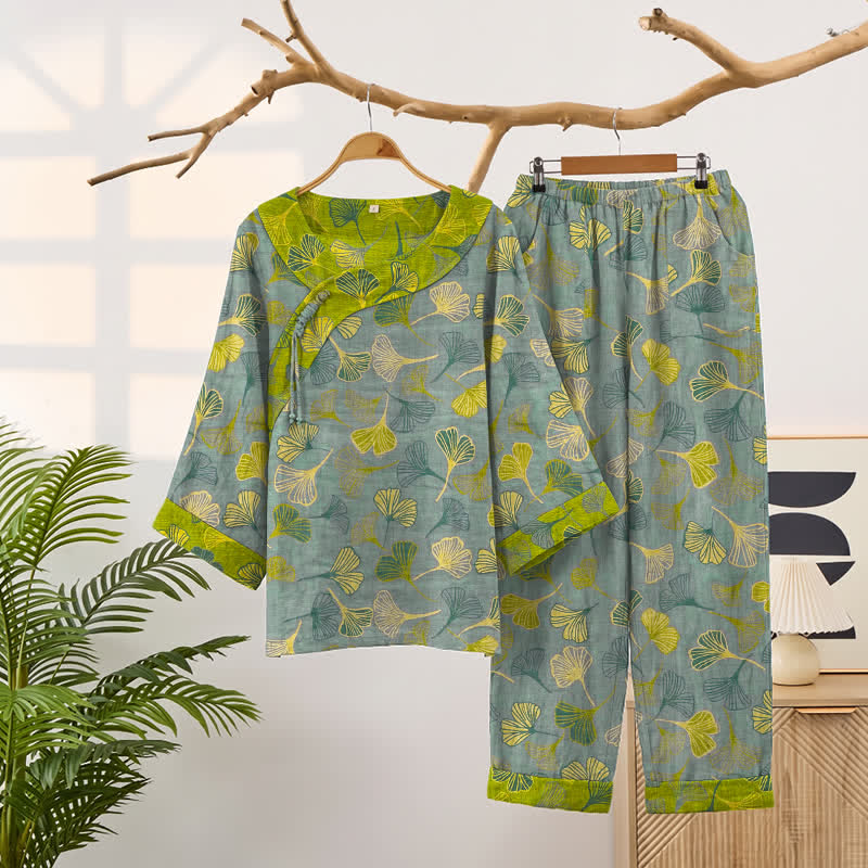 Ensemble pyjama en coton à motif de feuilles de ginkgo orientales Ownkoti - Gris clair - XXL - image 6