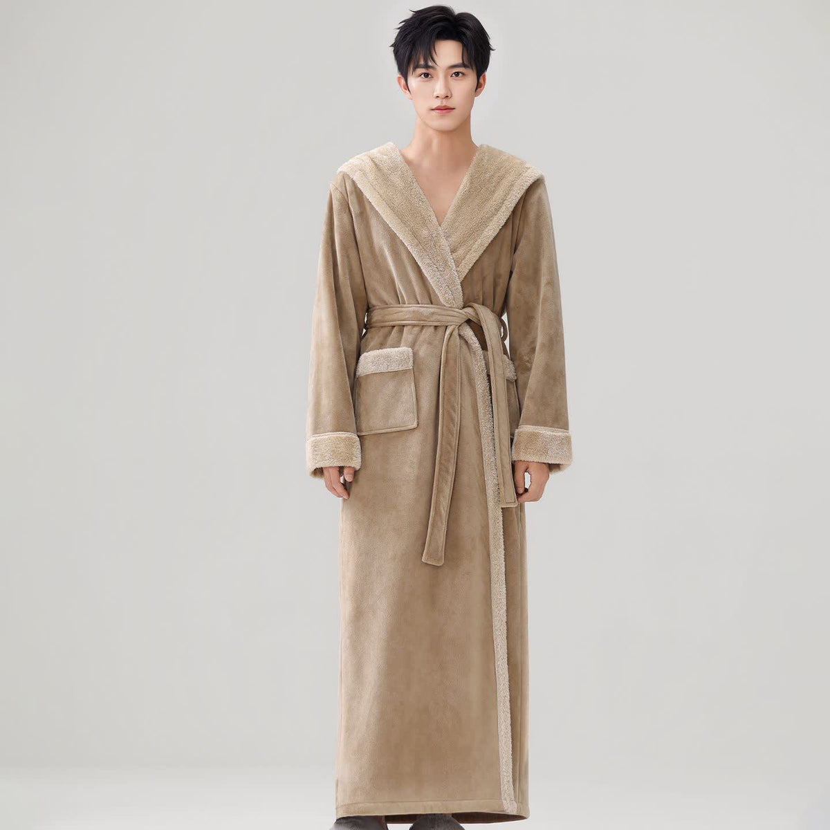 Peignoir long et douillet à capuche et polaire sherpa - Kaki - Taille XL homme - image 4
