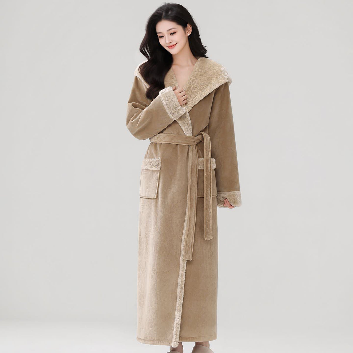 Peignoir long et douillet à capuche et polaire sherpa - Kaki - Taille XL femme - image 3