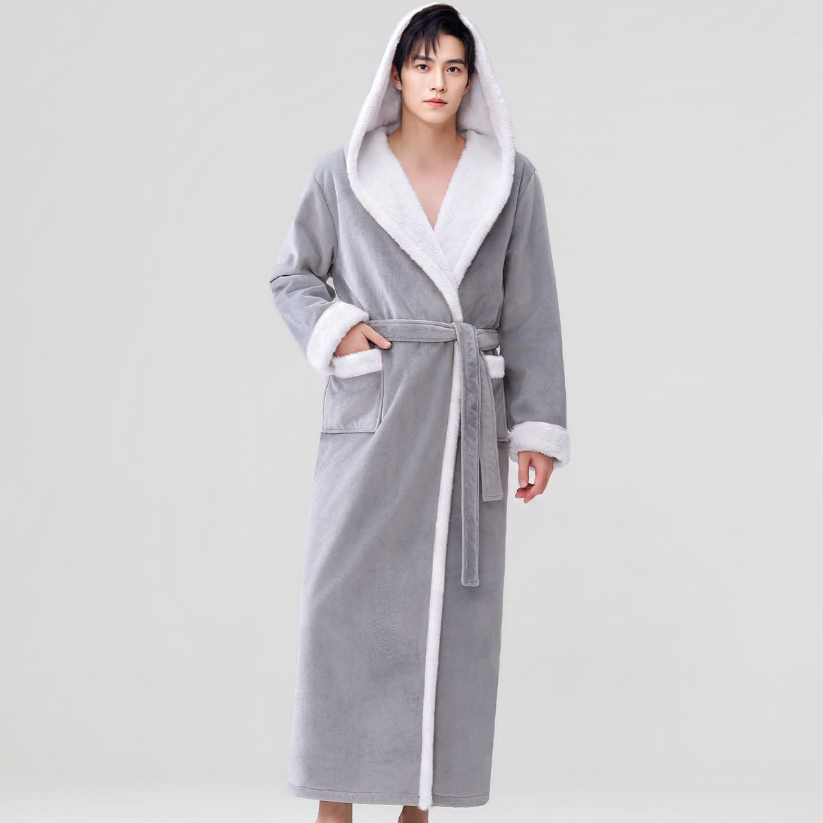 Peignoir long et douillet à capuche et polaire sherpa - Gris clair - Taille XL homme - image 6
