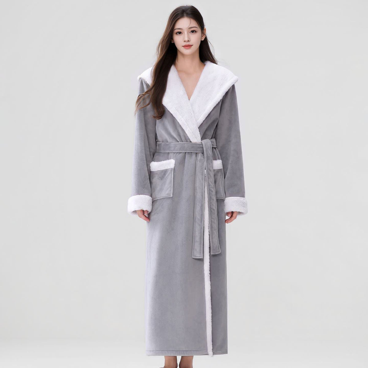 Peignoir long et douillet à capuche et polaire sherpa - Gris clair - Taille XL femme - image 5