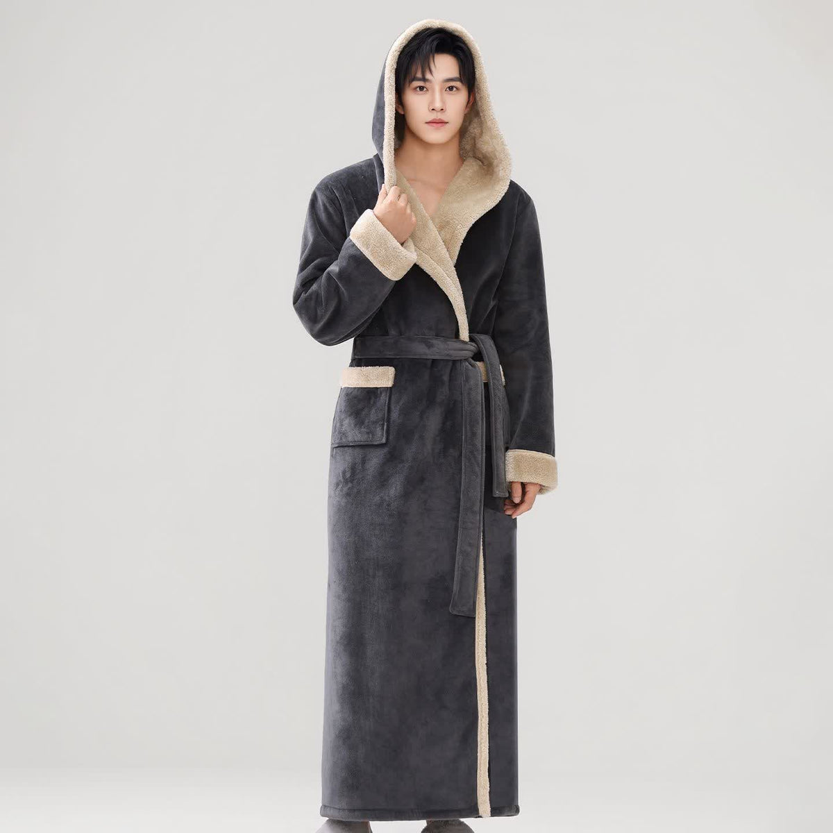 Peignoir long et douillet à capuche et polaire sherpa - Gris foncé - Taille XL homme - image 8