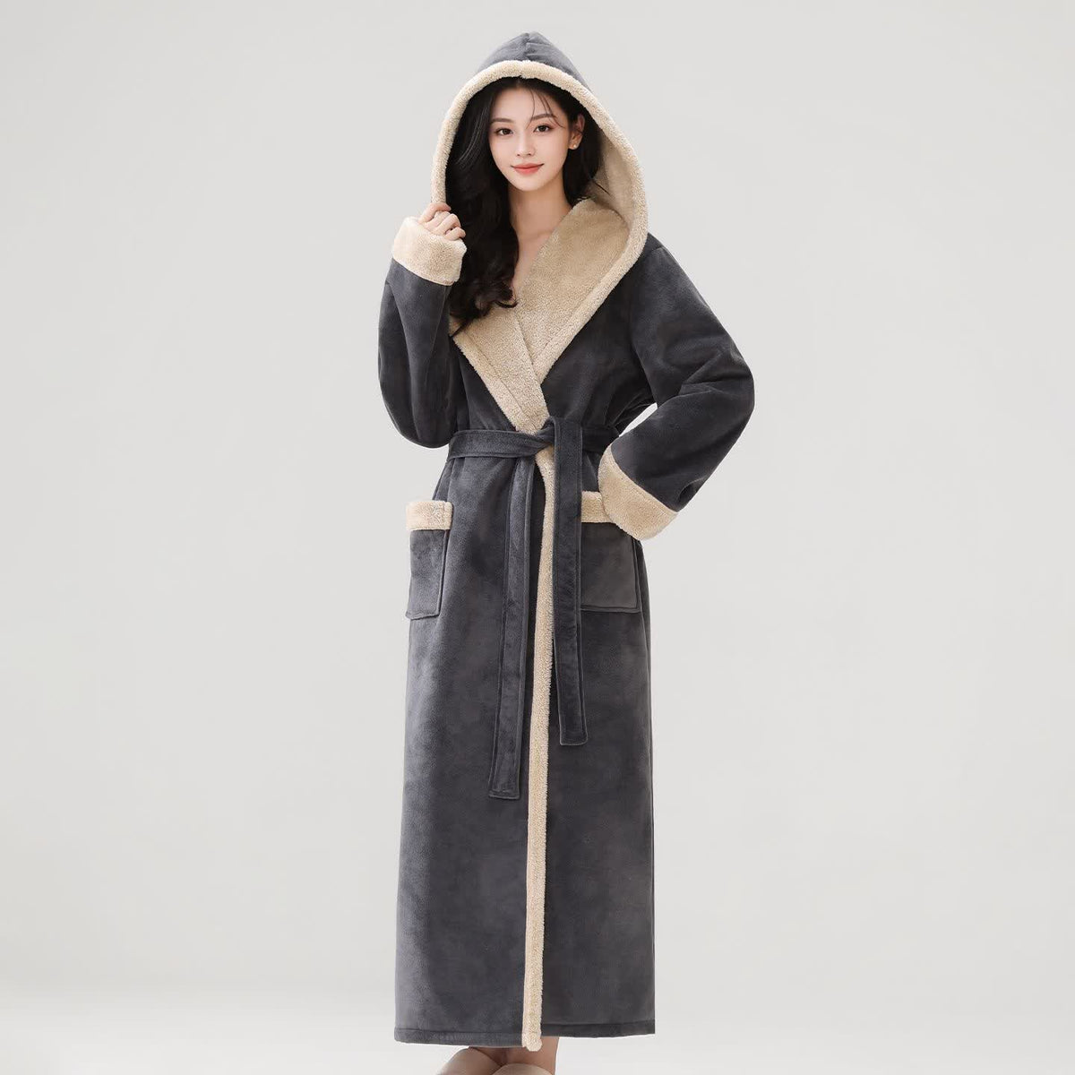 Peignoir long et douillet à capuche et polaire sherpa - Gris foncé - Taille XL femme - image 7