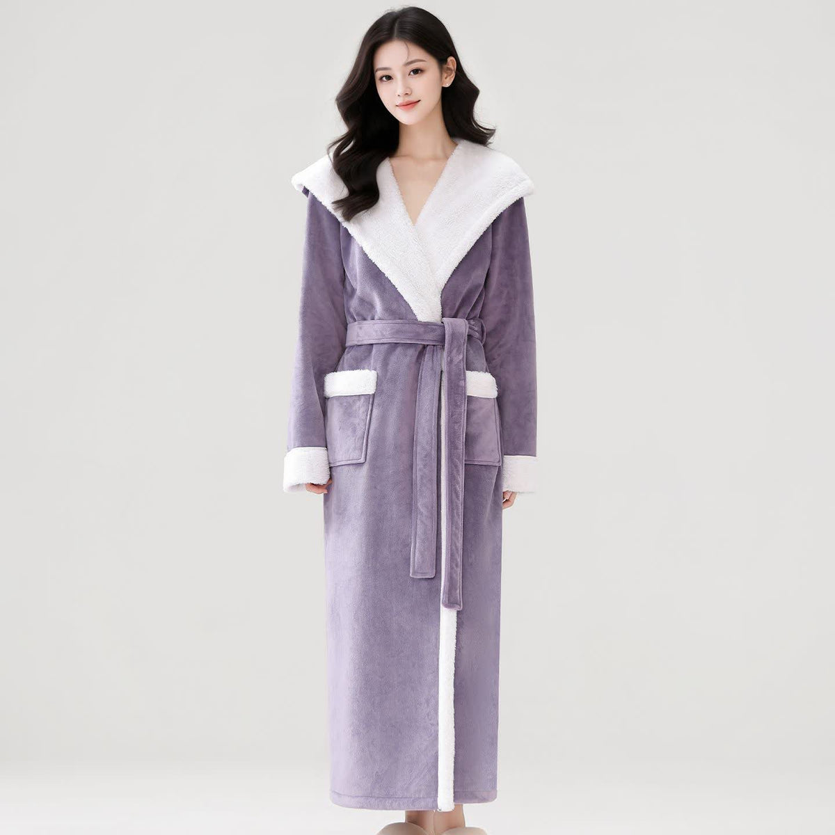 Peignoir long et douillet à capuche et polaire sherpa - Violet - Taille XL femme - image 9