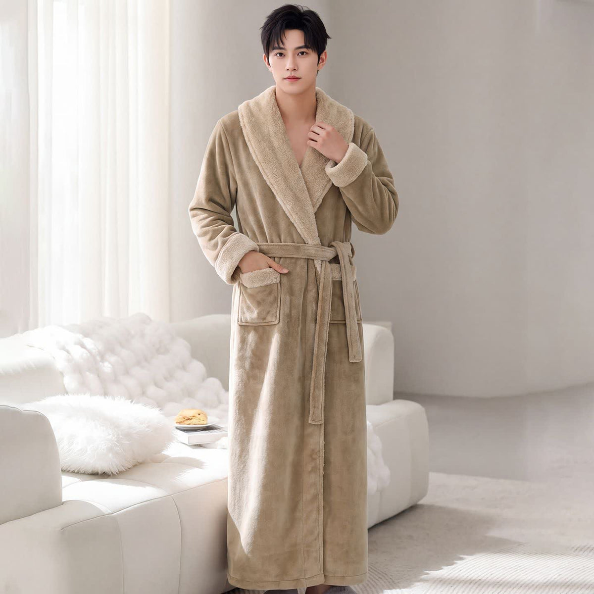 Peignoir en polaire douce à col châle - Kaki - Taille XL homme - image 4