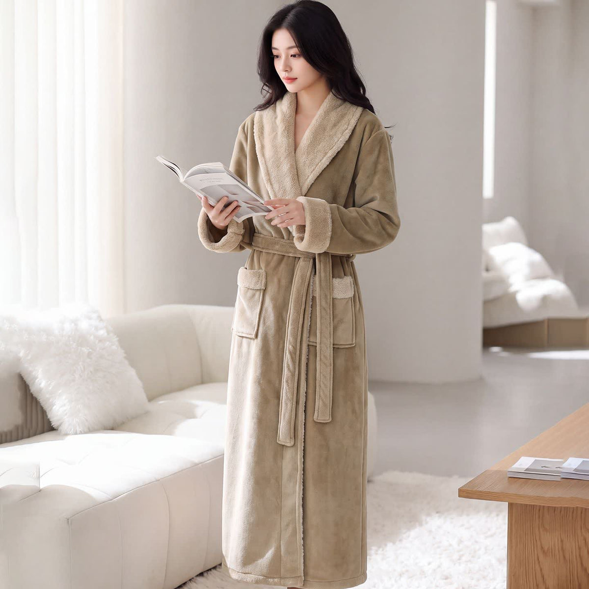 Peignoir en polaire douce à col châle - Kaki - Taille XL femme - image 3