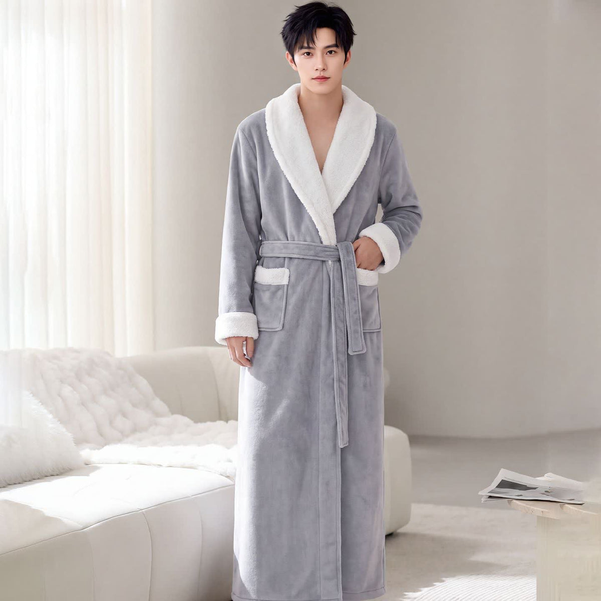 Peignoir en polaire douce à col châle - Gris clair - Taille XL homme - image 6