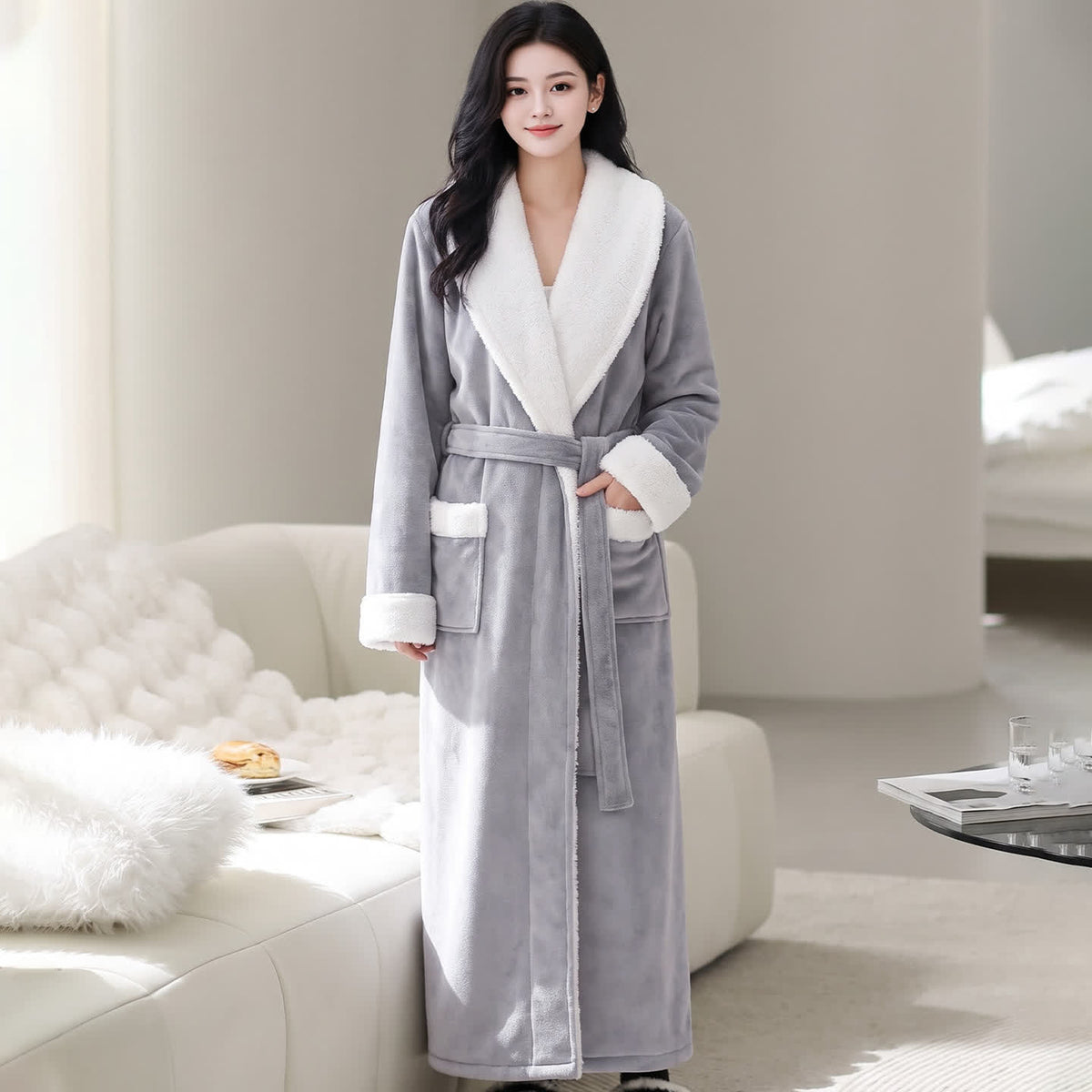 Peignoir en polaire douce à col châle - Gris clair - Taille XL femme - image 5