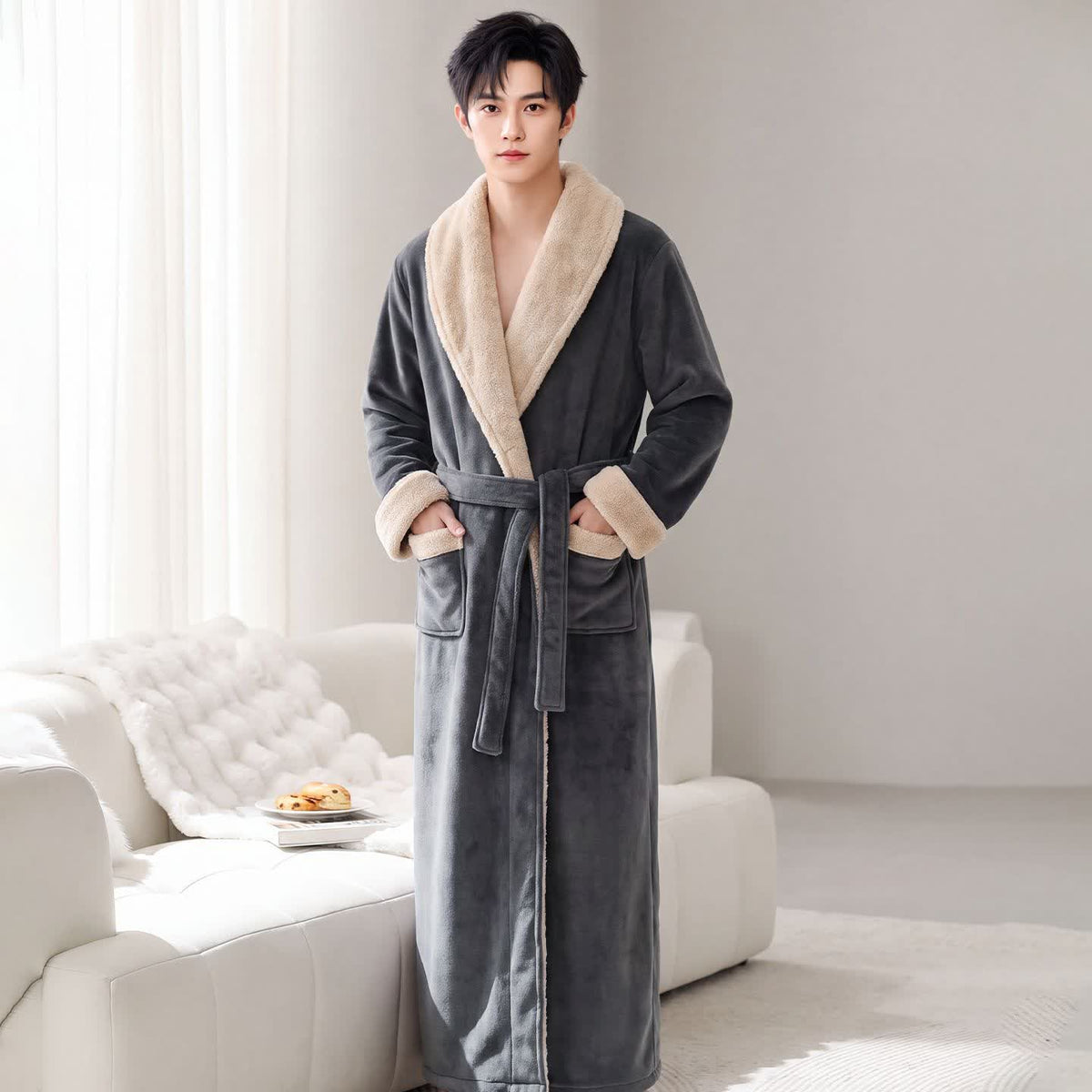 Peignoir en polaire douce à col châle - Gris foncé - Taille XL homme - image 8
