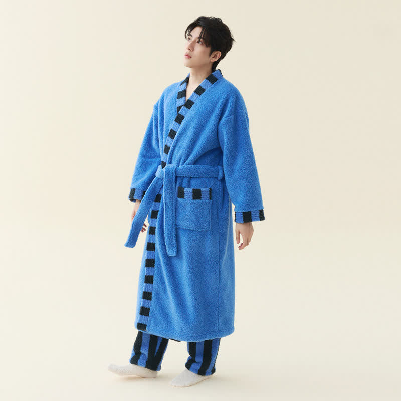 Peignoir en polaire douce avec bordure contrastée. - Bleu - Peignoir avec pantalon - Taille 2XL homme - image 5