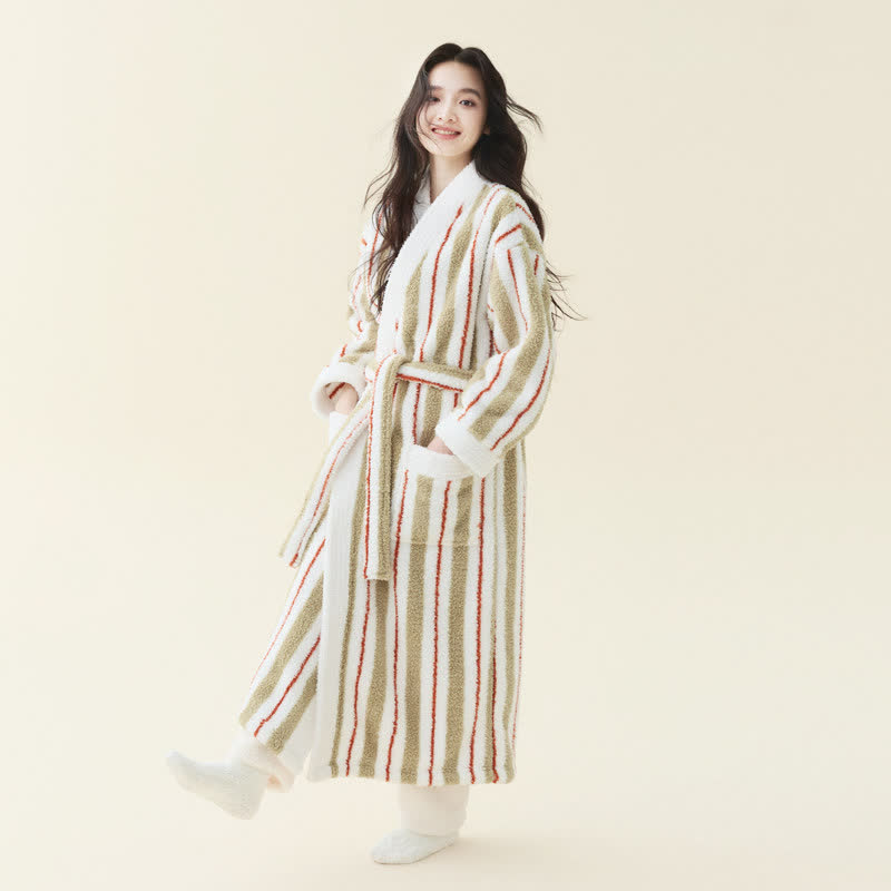 Peignoir kimono long en polaire rayée - couleur crème - Taille XL femme - image 1