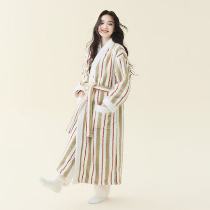 Peignoir kimono long en polaire rayée - couleur crème - Taille XL femme - image 1