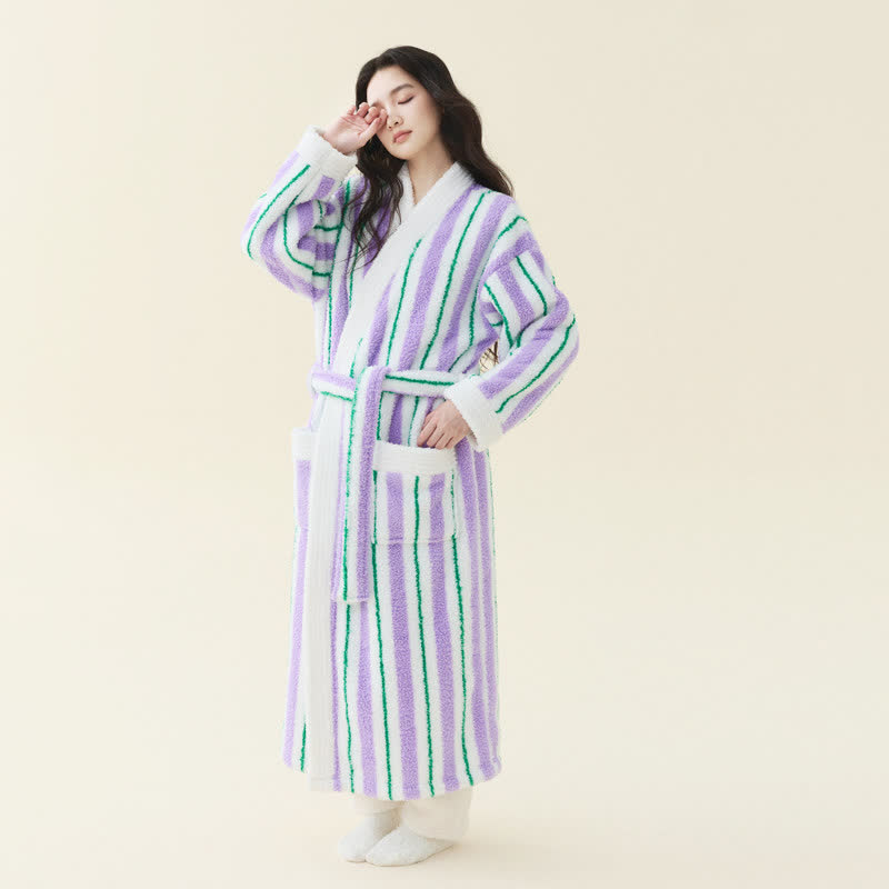 Peignoir kimono long en polaire rayée - Violet - Taille XL femme - image 11