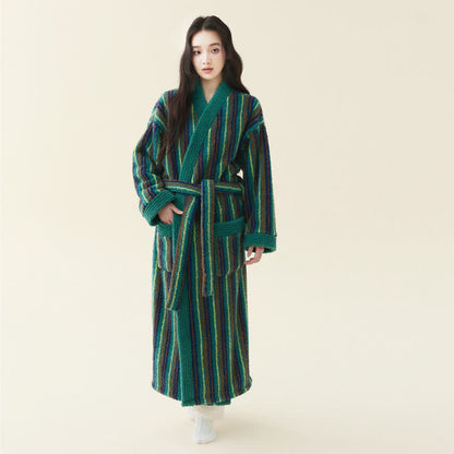 Peignoir kimono long en polaire rayée - vert foncé - Taille XL femme - image 4