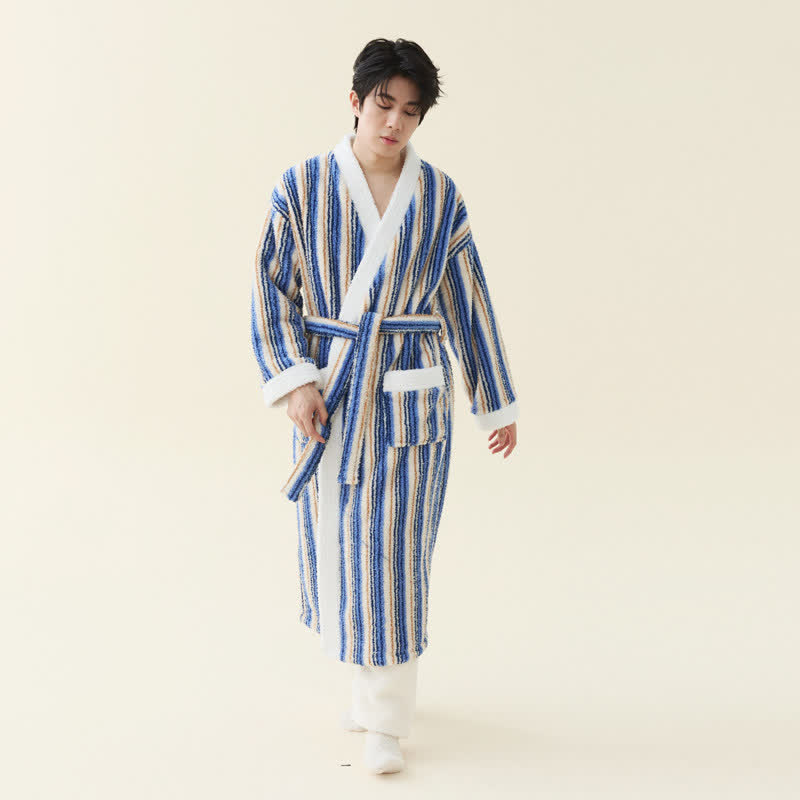 Peignoir kimono long en polaire rayée - bleu marine - Taille 2XL pour homme - image 8