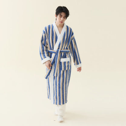 Peignoir kimono long en polaire rayée - bleu marine - Taille 2XL pour homme - image 8