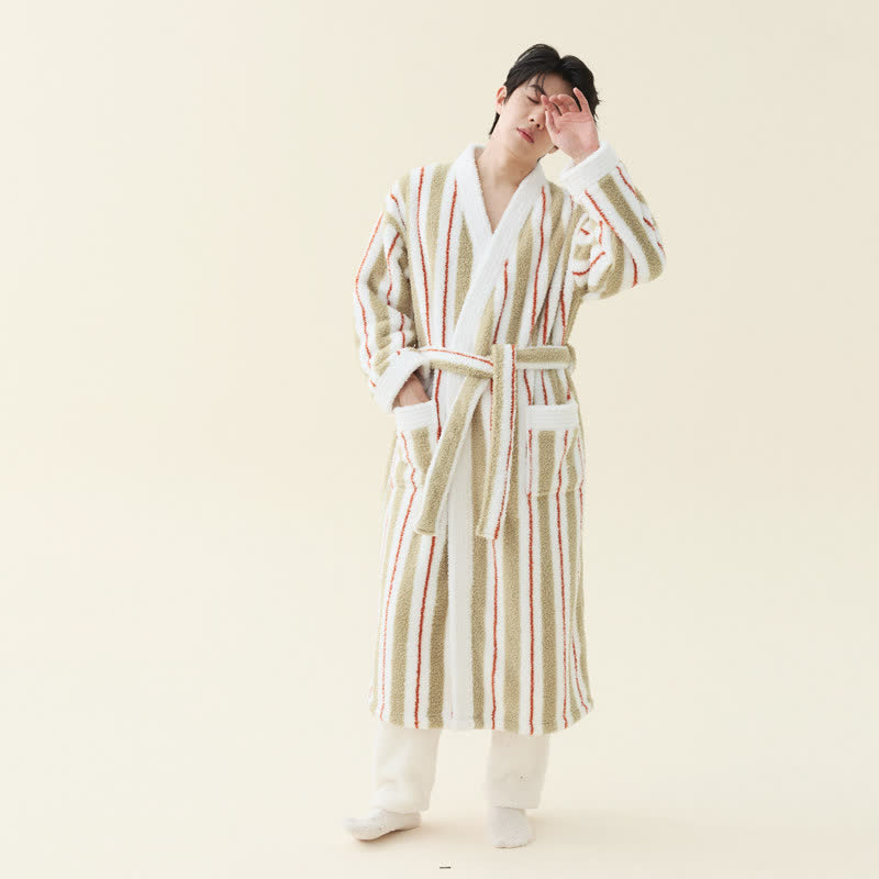 Peignoir kimono long en polaire rayée - couleur crème - Taille 2XL pour homme - image 2