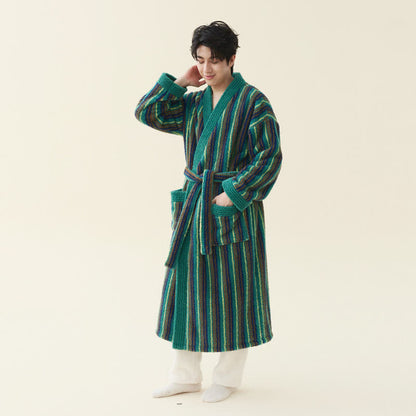 Peignoir kimono long en polaire rayée - vert foncé - Taille 2XL pour homme - image 5