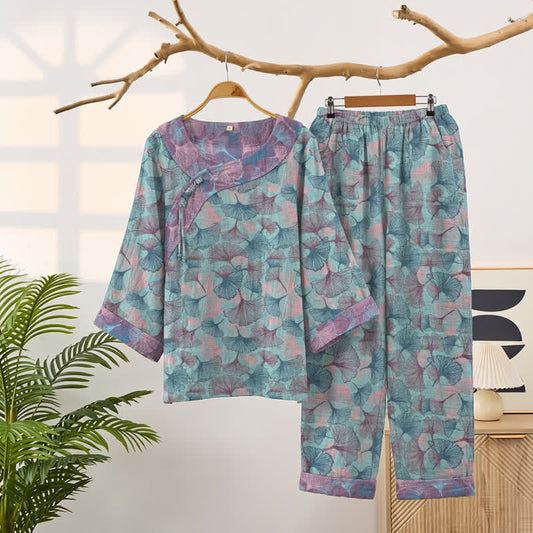 Ensemble pyjama Ownkoti style chinois à feuilles de ginkgo - Bleu - XXL - image 0
