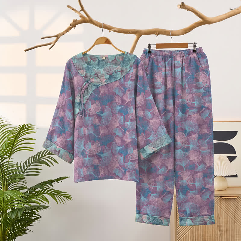 Ensemble pyjama Ownkoti style chinois à feuilles de ginkgo - Violet - XXL - image 6