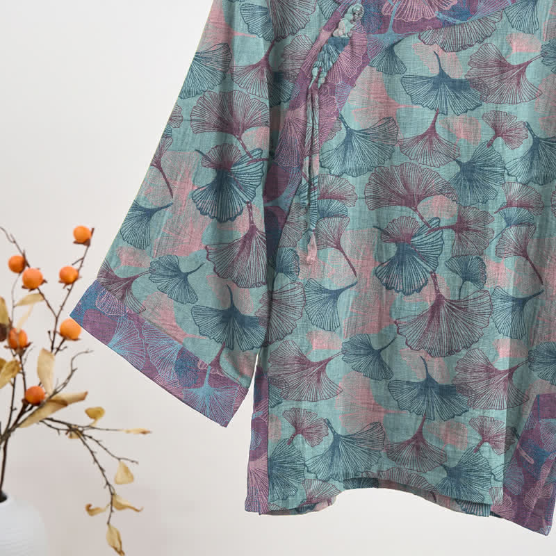 Ensemble pyjama Ownkoti style chinois à feuilles de ginkgo - image 3