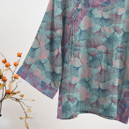 Ensemble pyjama Ownkoti style chinois à feuilles de ginkgo - image 3